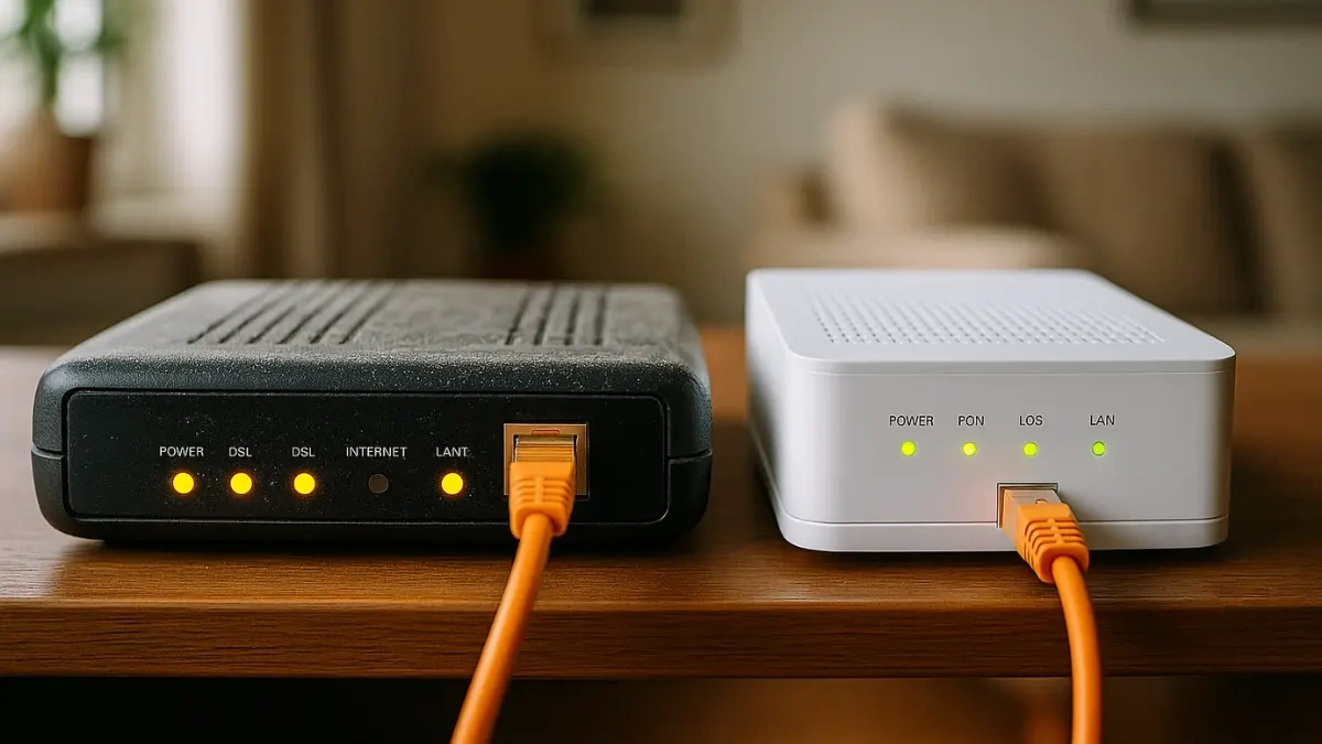 Router steht auf Tisch und ist über Kabel verbunden.